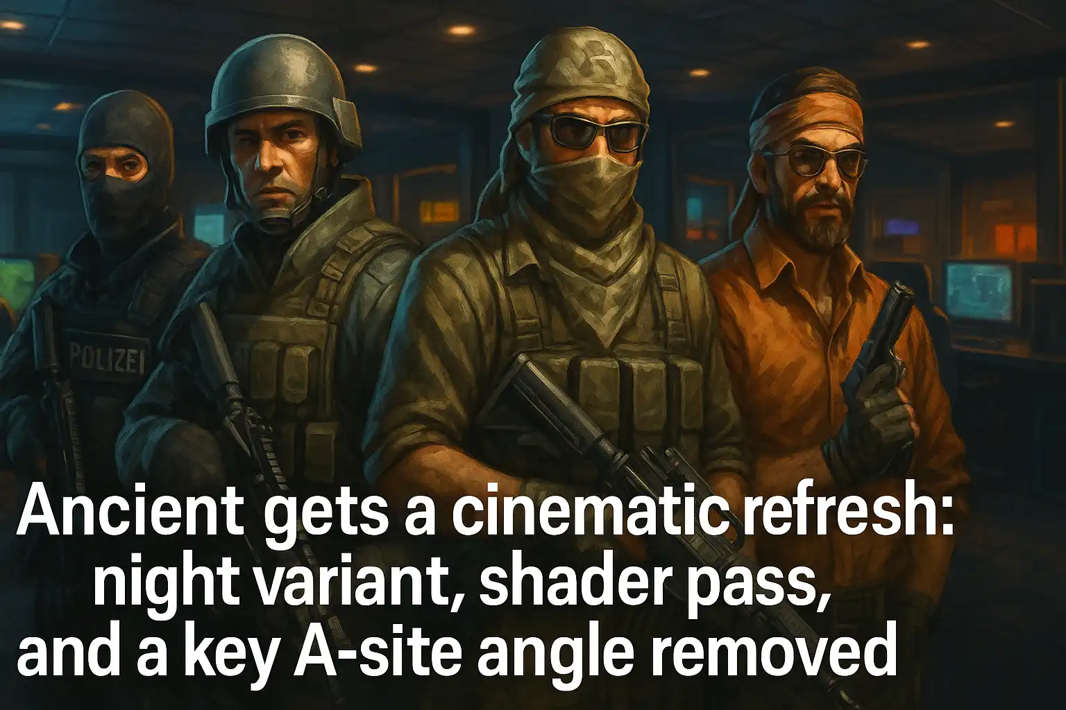 Ancient gets a cinematic refresh: night variant, shader pass, and a key A-site angle removed